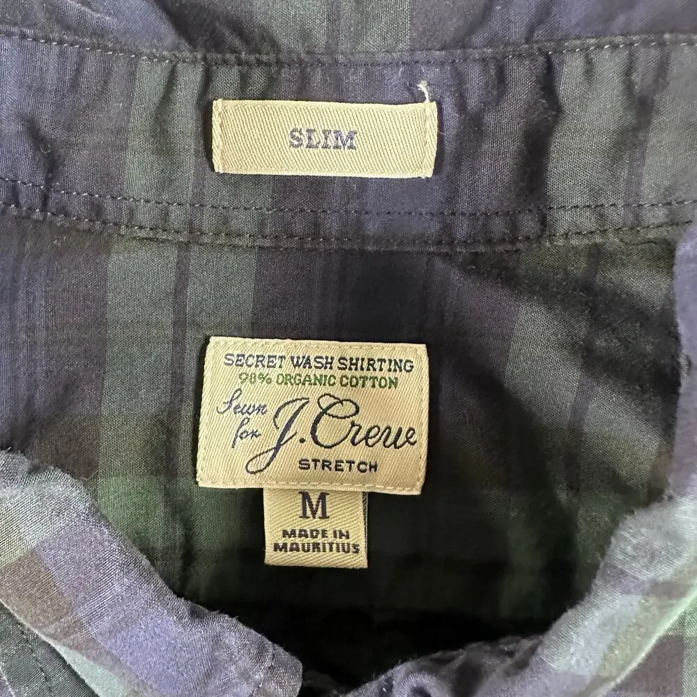 J. Crew Men's Med Slim Strech Wash Shirting Black Watch Tartan Green Blue Plaid